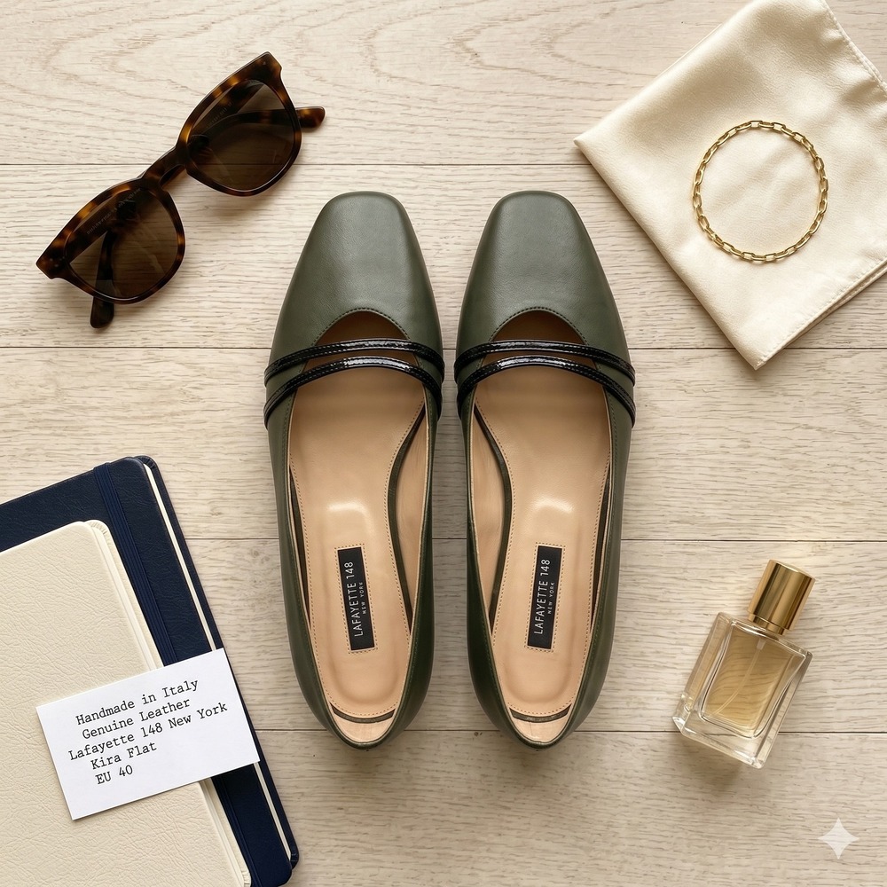 Lafayette 148 New York Kira Olive Green Leather Double Strap Flats Italy 40